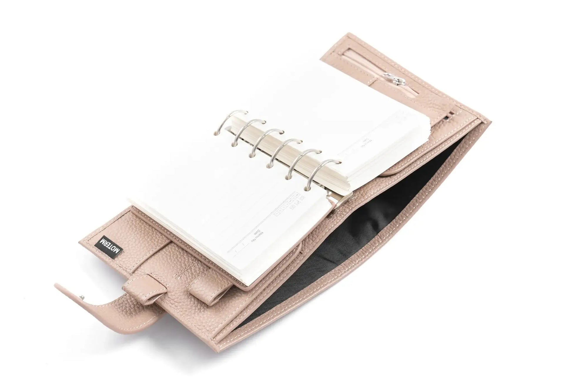 Moterm Luxe 2.0 pocket planner in blush pink pebbled leather with 30mm rings and notepad