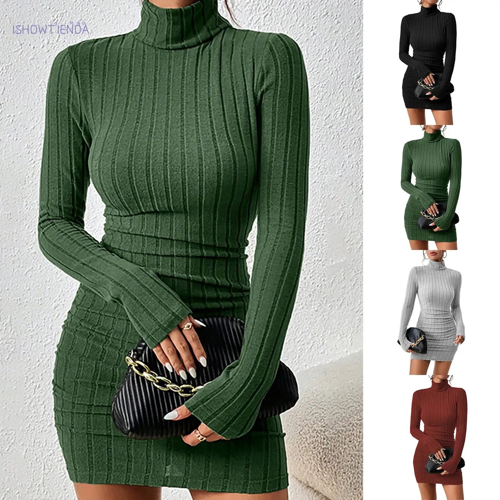 LuxeWeave Knitted Bodycon Mini Dress With Turtleneck And Long Sleeves Flattering Stretch Knit For Autumn Winter