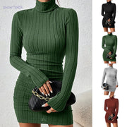 LuxeWeave Knitted Bodycon Mini Dress With Turtleneck And Long Sleeves Flattering Stretch Knit For Autumn Winter