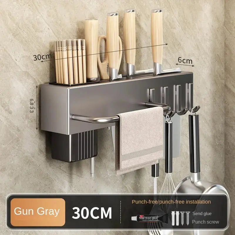 Simples Market tool-free kitchen shelf; gun-gray wall-mounted knife/utensil organizer, 30cm wide.