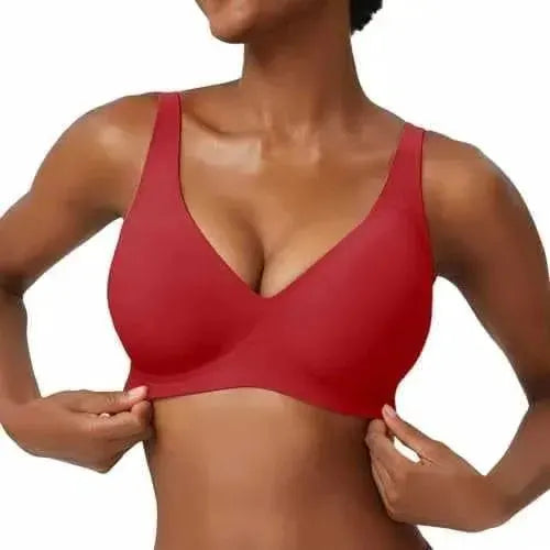 Women's wire-free seamless bra in red with full cups and soft support