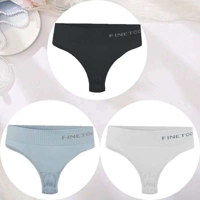 FINETOO 3-piece women's thong underwear set; seamless high-waist panties in black, light blue, and light gray