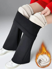 Women's black wool-lined bell-bottom pants with plush inner lining for winter warmth