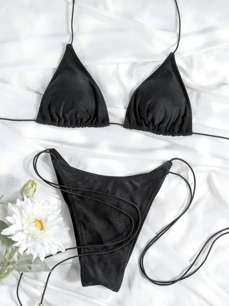 Sexy Triangle Bikini Set For Women Micro Thong Swimsuit Bandage Beachwear With Print Bathing Suit