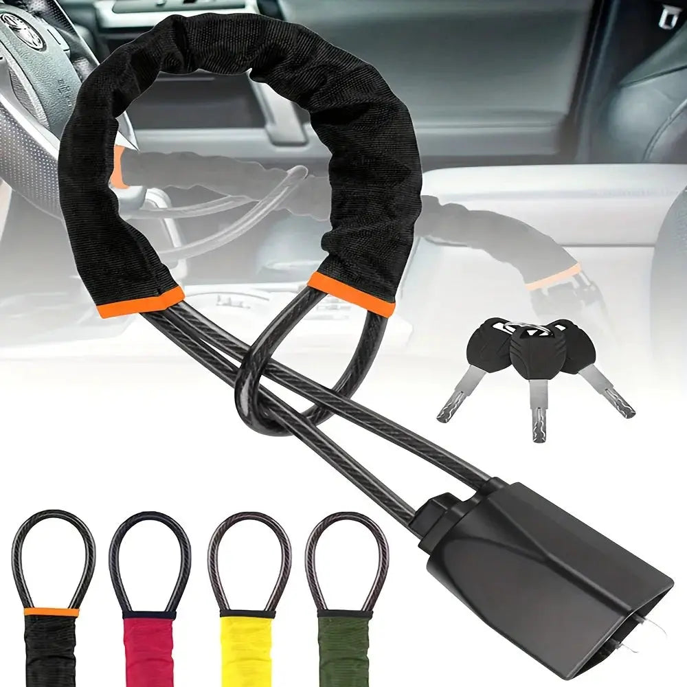 Car steering wheel lock with braided steel cables and fabric sleeve; includes colorful braided loops and keys.