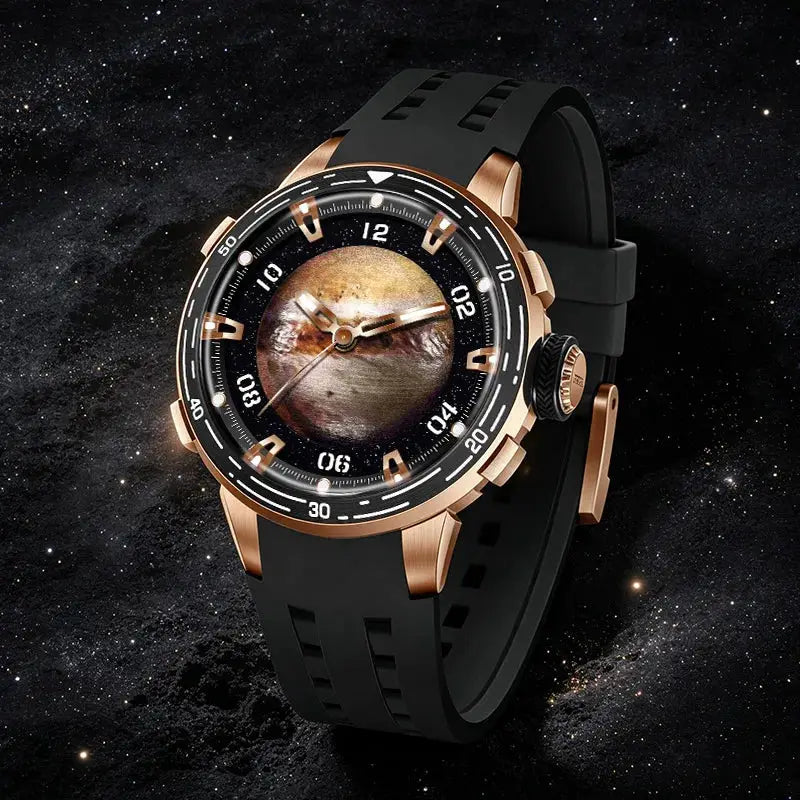 PINDU Planet Series mechanical watch with rose-gold case and black silicone strap planet dial