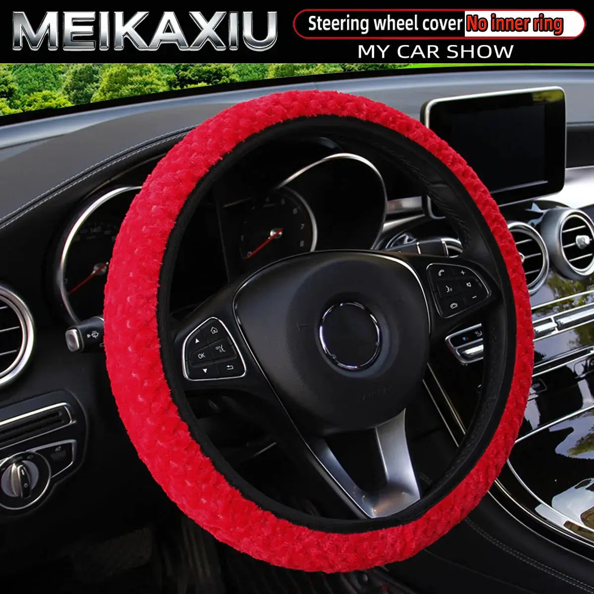 Women's Winter Plush Steering Wheel Cover, red short-fur with elastic fit by Simples Market