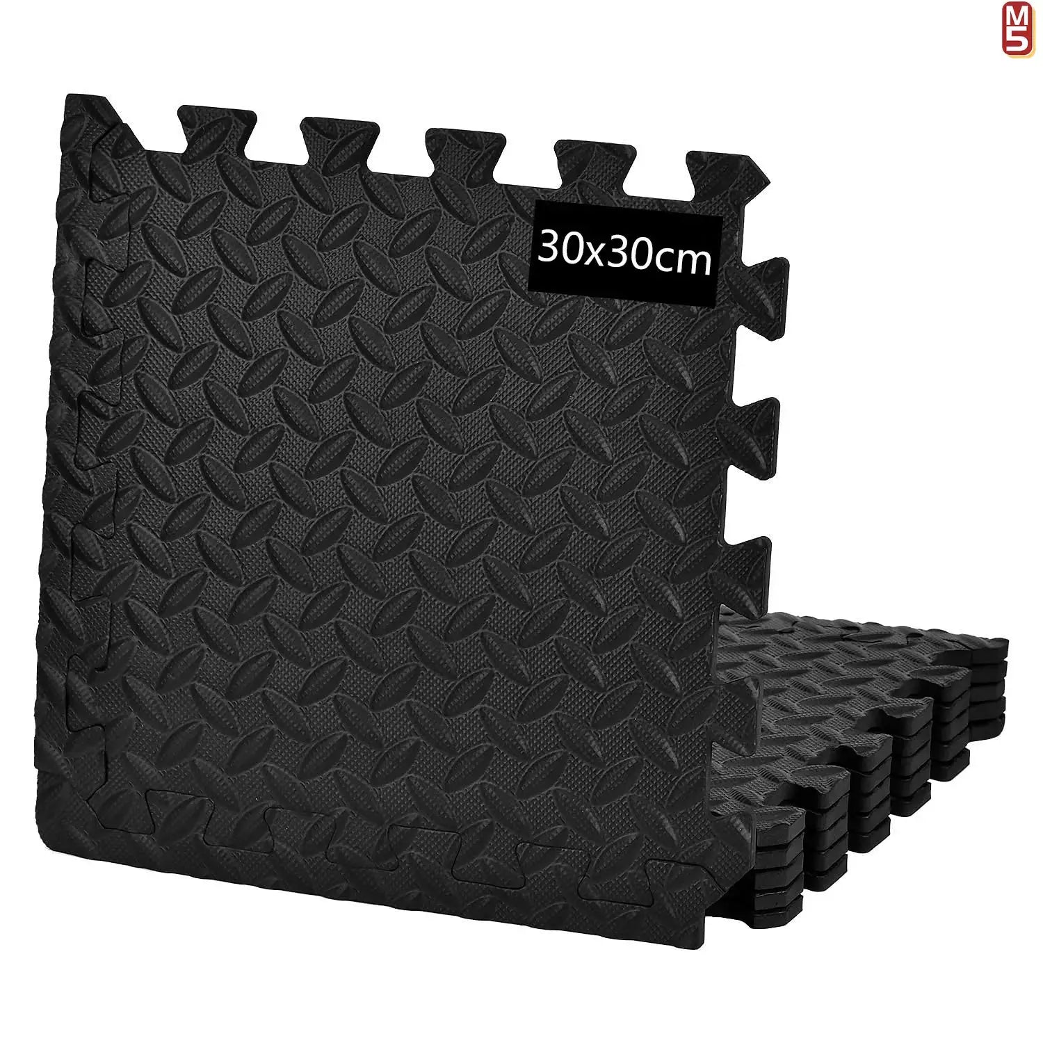EVA foam interlocking gym mats, black with non-slip diamond texture, 30x30cm tiles, Simples Market