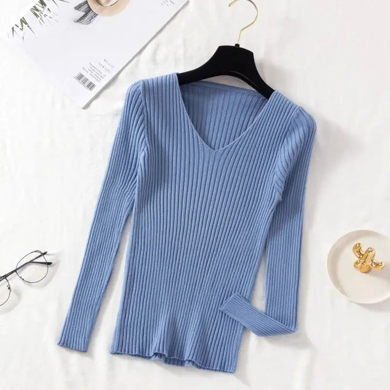 CozyWear Autumn Winter Women Knit V Neck Pullover Sweater Cotton Polyester Blend With High Stretch