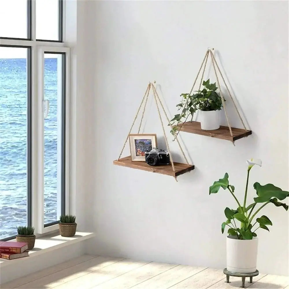 Wood hanging shelves on hemp rope, pair of natural wood wall shelves for plants and decor