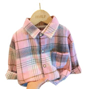 Autumn Plaid Shirt For Girls And Boys Casual Retro Lapel Long Sleeve Single Breasted Top