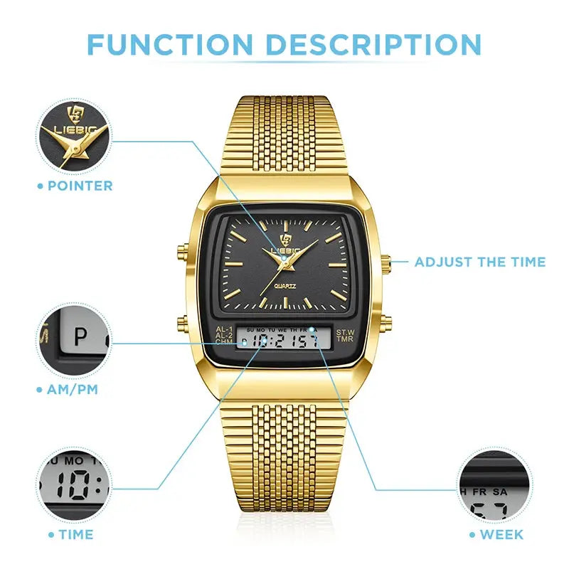 Simples Market gold men's digital-analog watch with dual time, week display, 3bar waterproof