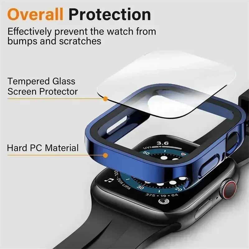 Simples Market Apple Watch screen protector with blue tempered glass PC bumper, fits 40–46mm Series 4–9/SE