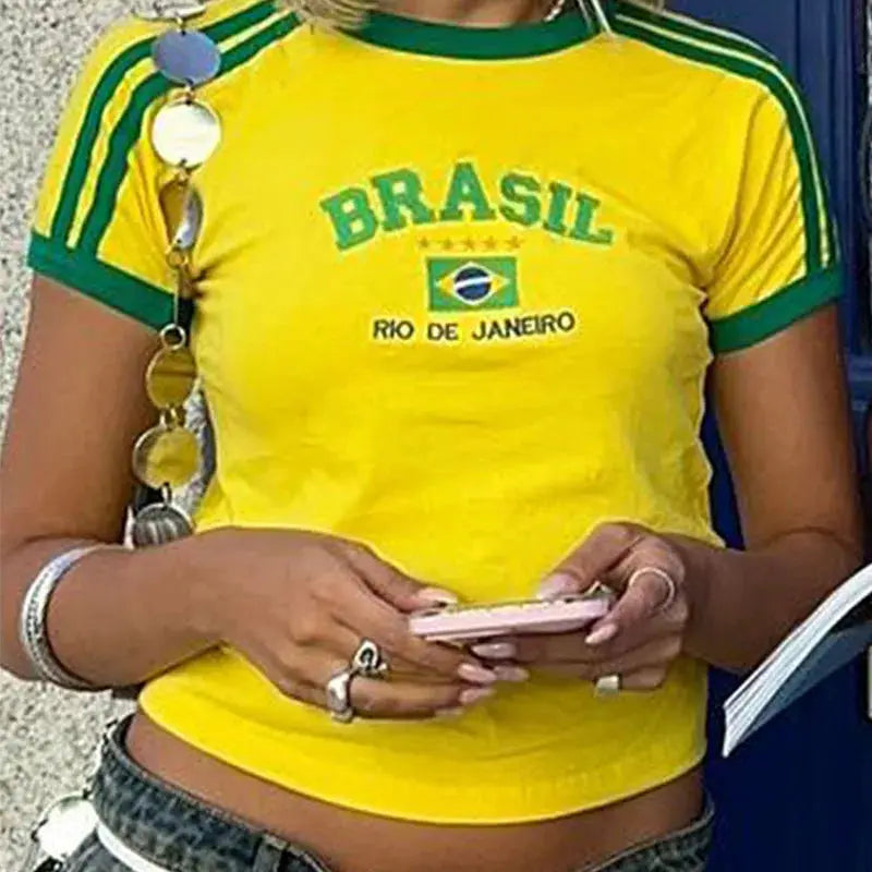 Womens Aesthetic Brasil Letter Print T Shirt And Shorts Set Y2K Grunge