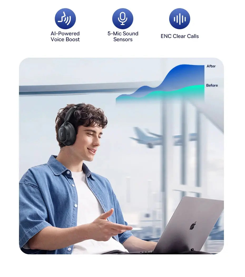 Baseus EH10 NC ANC wireless headphones, black over-ear, Bluetooth 6.0, 80Hrs — Simples Market