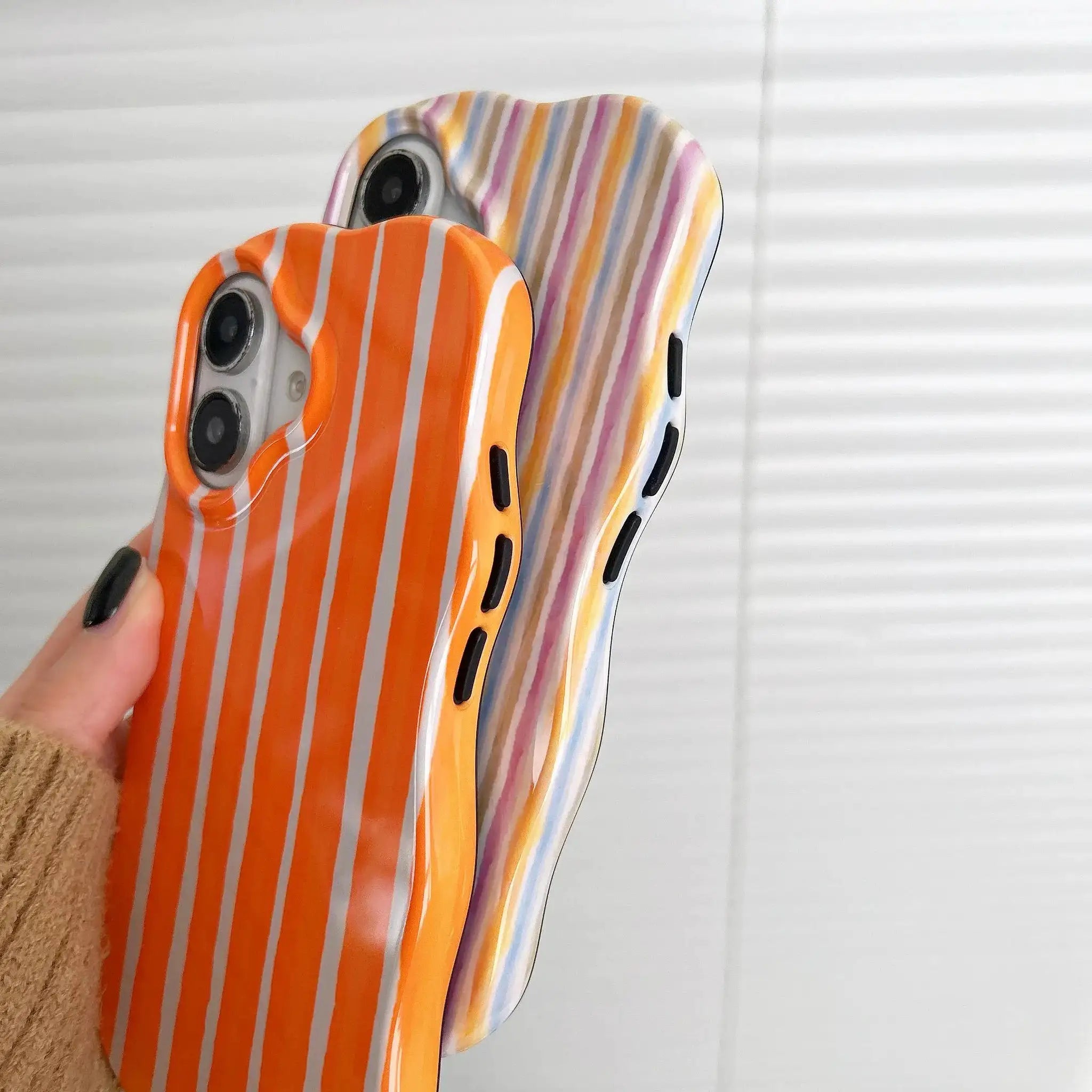 Fashion 2 In 1 Glossy Stripes Phone Case For iPhone 13 14 15 16 Pro Max With Wave Edges And Slim Hard Back Cover