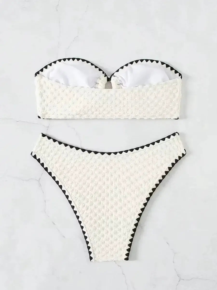 Simples Market white 2-piece strapless bandeau bikini set with textured knit fabric and black triangle trim