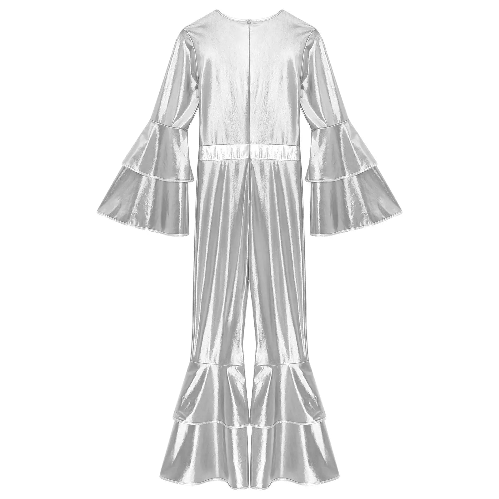 Womens 70s disco metallic jumpsuit by Simples Market with silver fabric and bell sleeves
