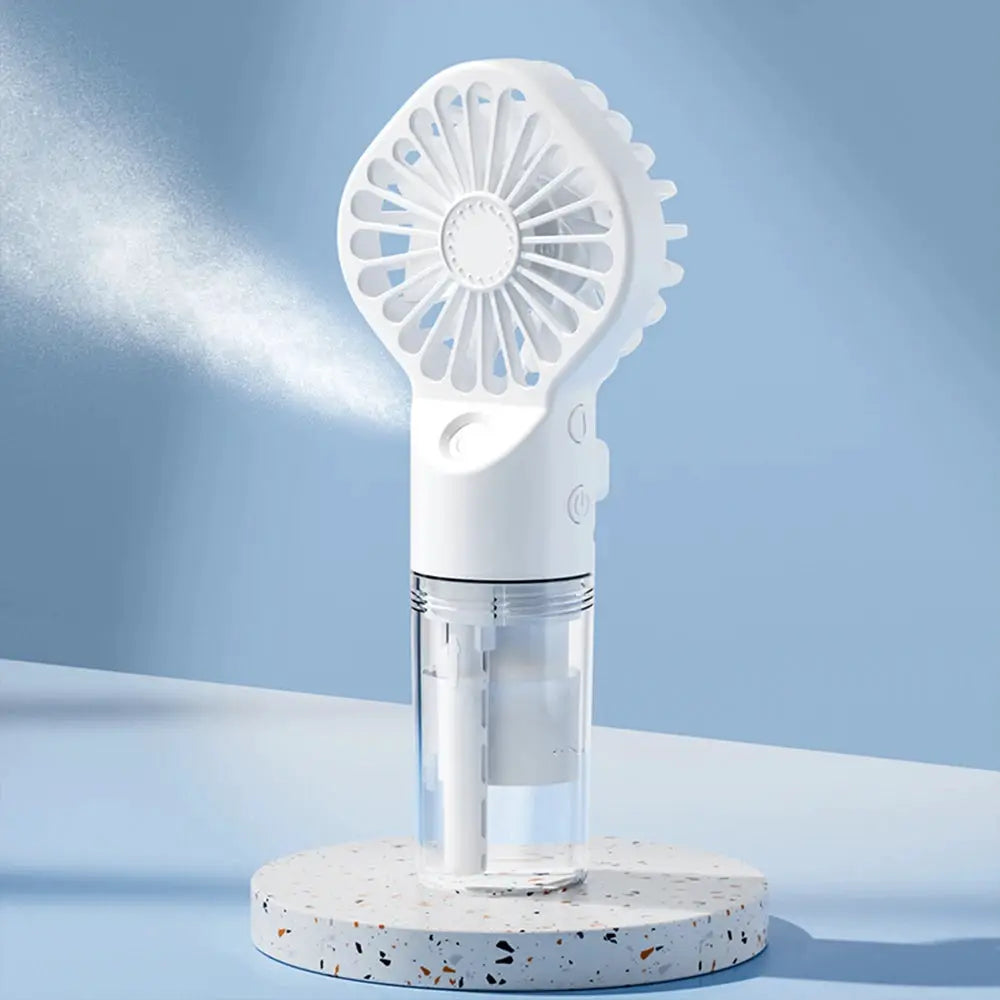 Portable handheld spray fan with built-in humidifier and water reservoir, white USB-rechargeable, 4-speed mist.