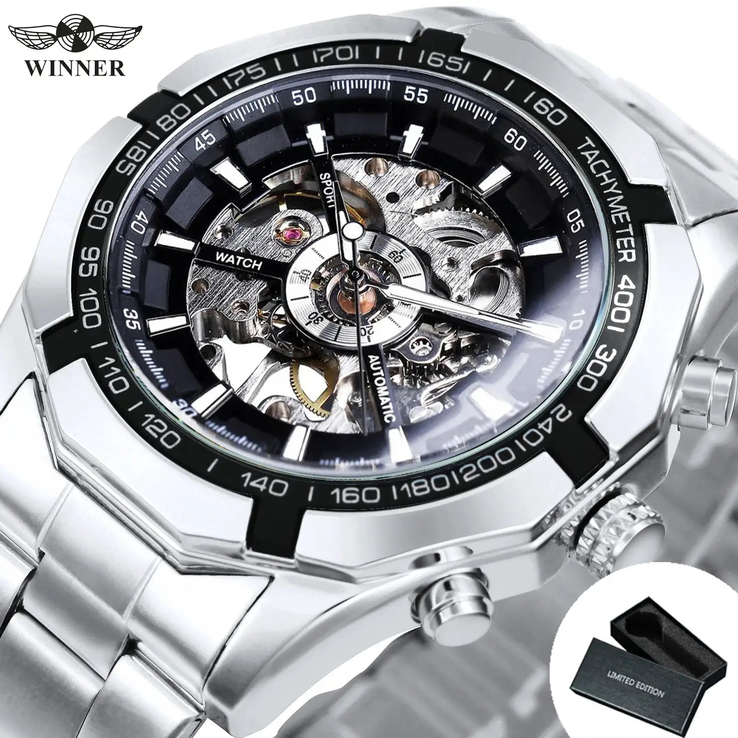 WINNER Classic Skeleton Men’s Watch with stainless steel strap and luminous hands; limited edition box included