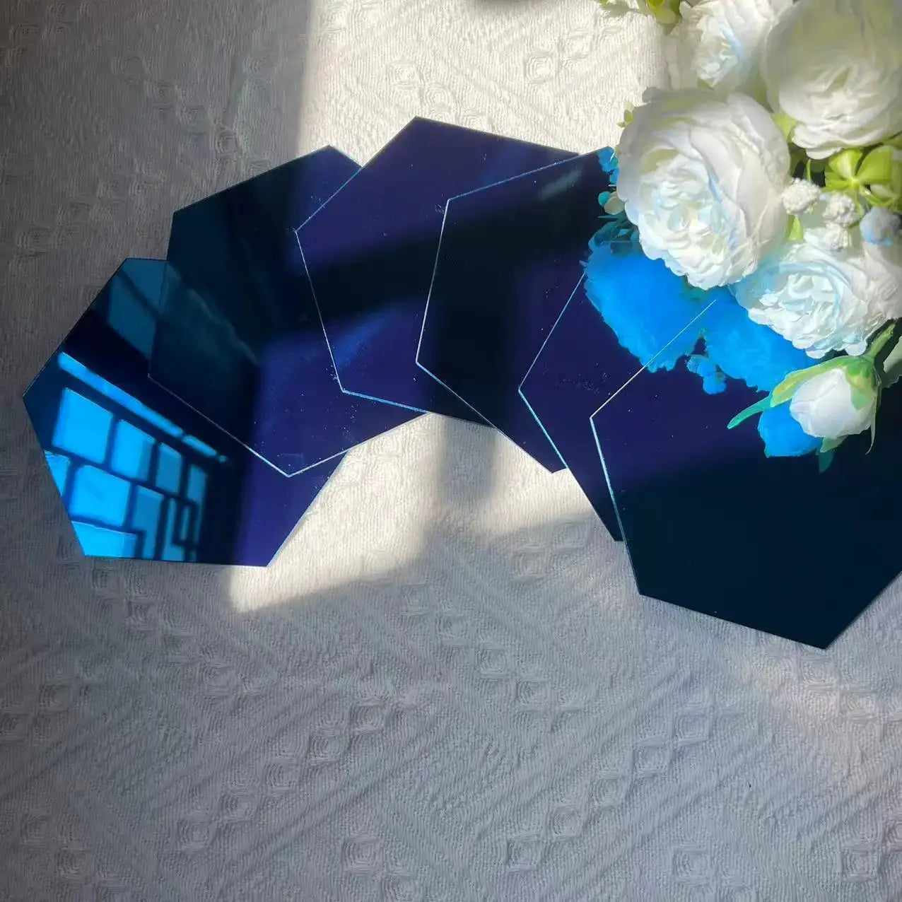 3D mirror hexagon wall stickers set, blue self-adhesive decals for home decor, 126mm each (6/12pcs)