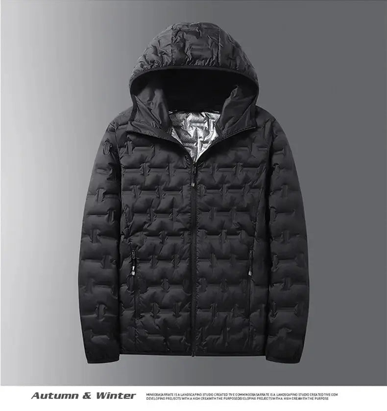 Men's black quilted hooded puffer jacket with front zipper, warm down coat