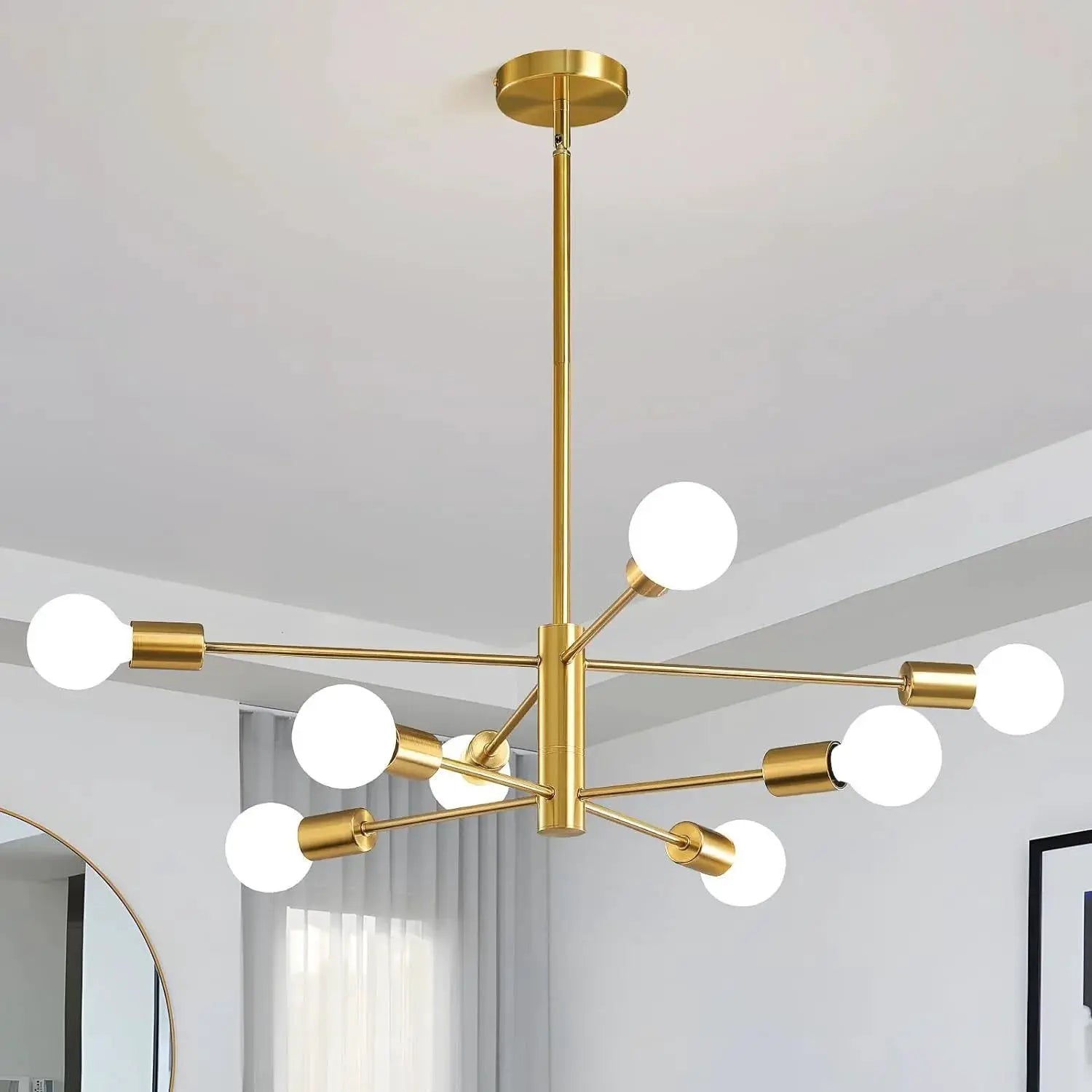 Nordic LED chandelier in gold finish with a multi-arm frame and white globe bulbs
