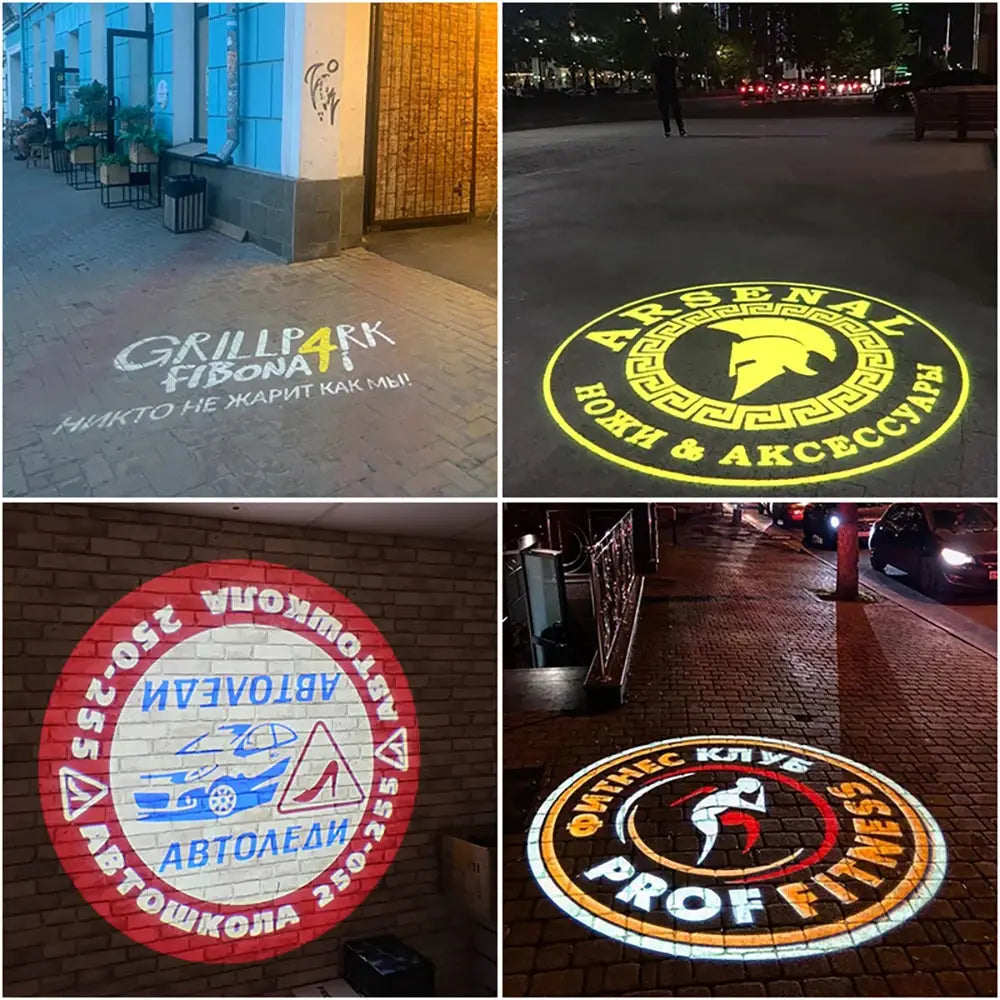 Advertising gobo projector by Simples Market; outdoor LED IP67 logo projector for logos, projecting 4 logos on pavement.