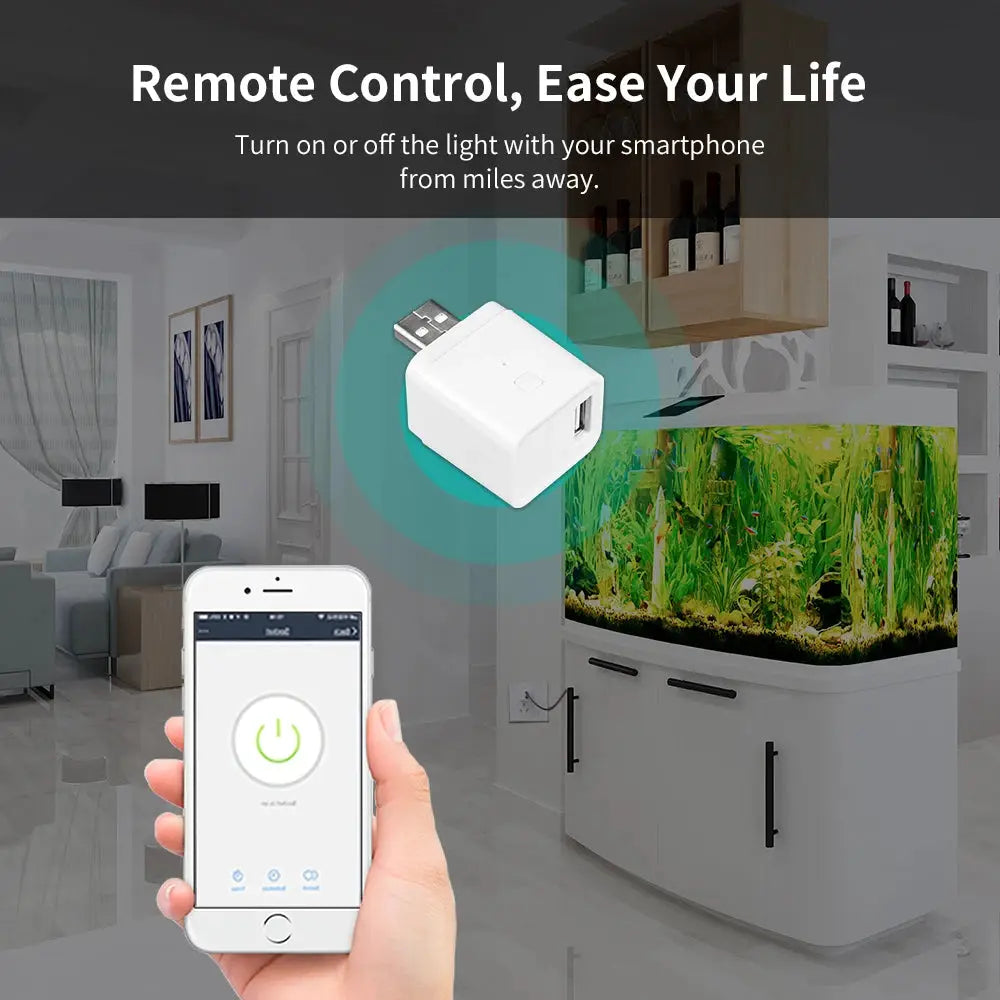 WiFi USB power adaptor, white compact plug with USB port, shown with smartphone control app.