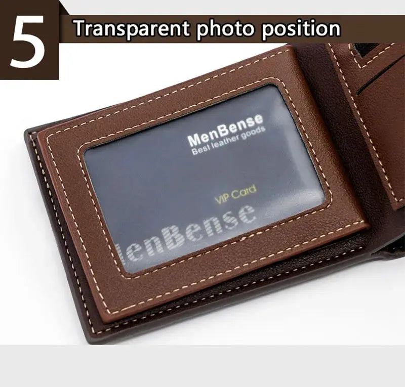Brown PU leather men's wallet with a transparent ID window and contrast white stitching