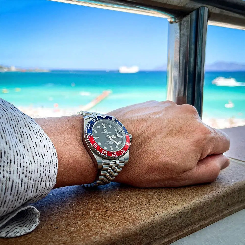 PAGANI DESIGN V3 GMT watch on stainless steel bracelet with blue/red bezel.