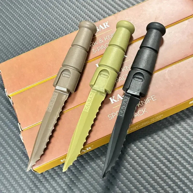 Simples Market tactical mini cutlery set, 3-pack with tan, olive and black serrated blades
