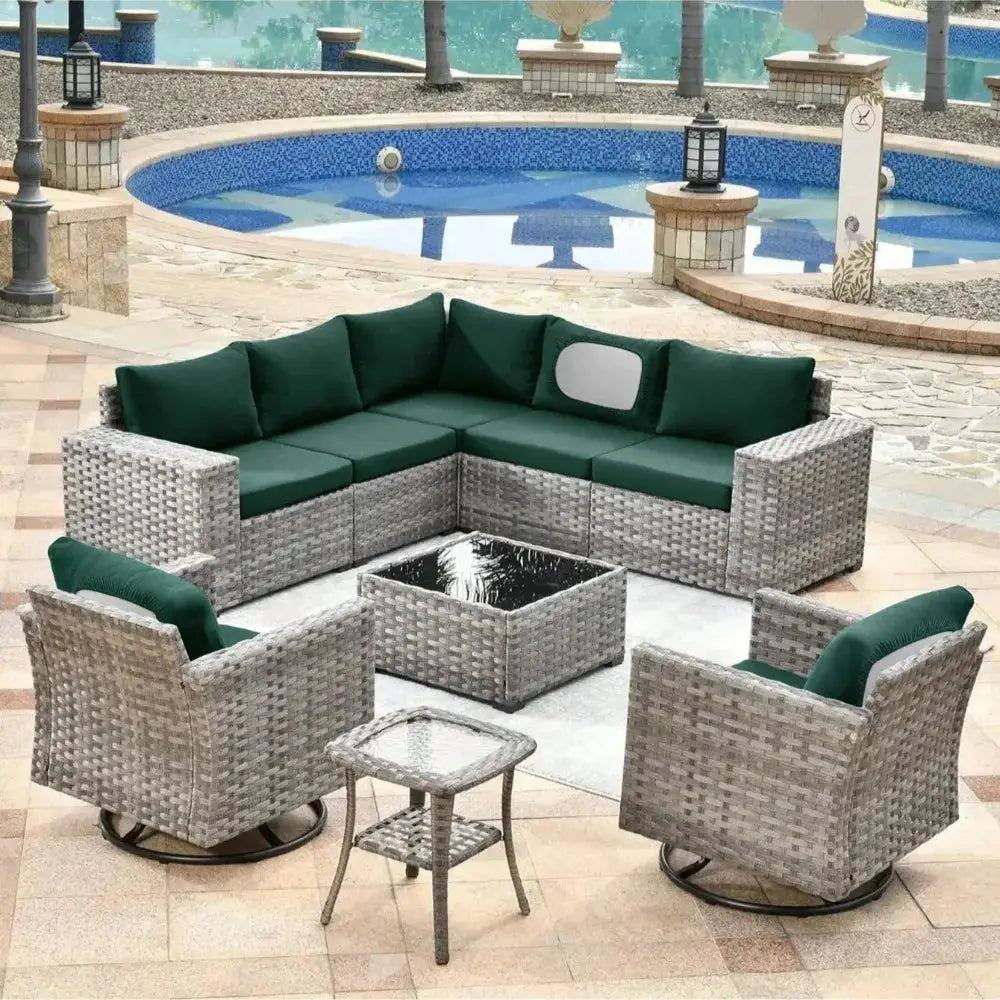 Velvet Soft Patio Sofa Covers set on grey wicker outdoor sectional with green cushions