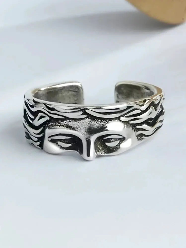 Venus Mask Ring For Men Retro Thai Silver Relief Adjustable Opening Ring Gift Vintage Style Accessory