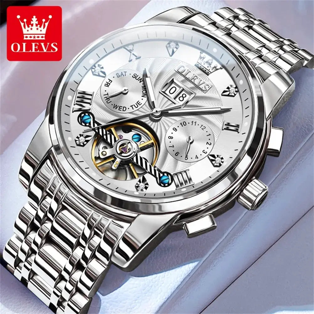 OLEVS stainless steel men's tourbillon automatic wristwatch with multi-function dial and date window