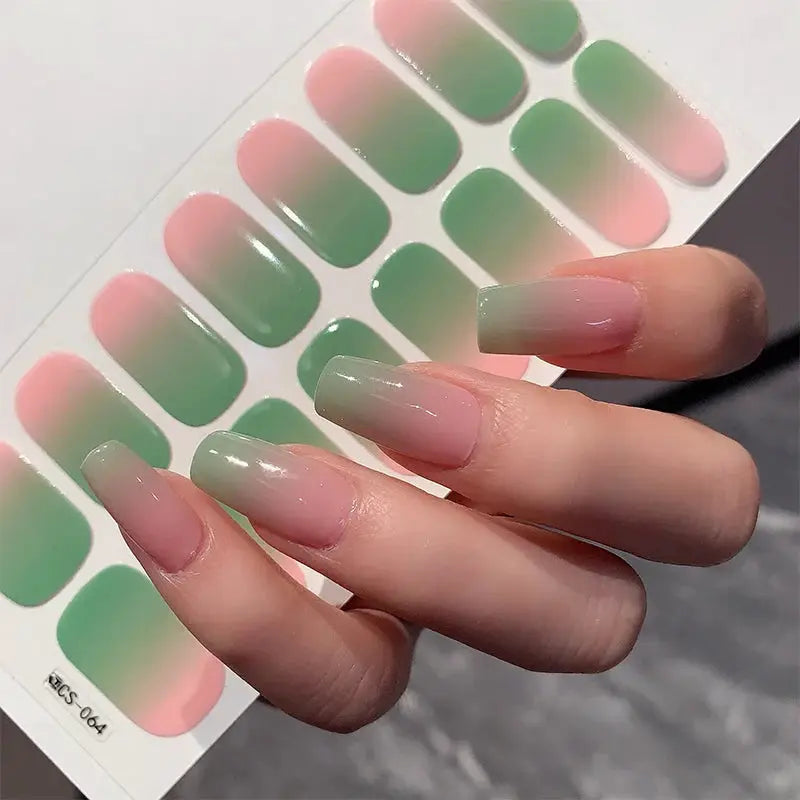 Simples Market gradient nail stickers, full-cover press-on decals in pink-to-green gradient (14/16 tips)