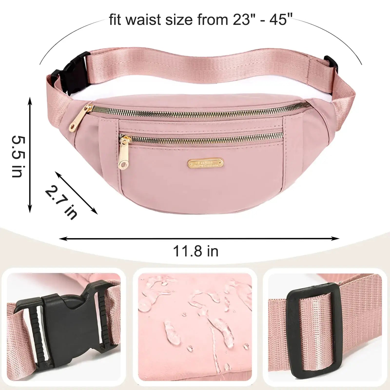 Simples Market pink fanny pack, lightweight waist belt bag with gold zippers and adjustable 23–45 inch strap.