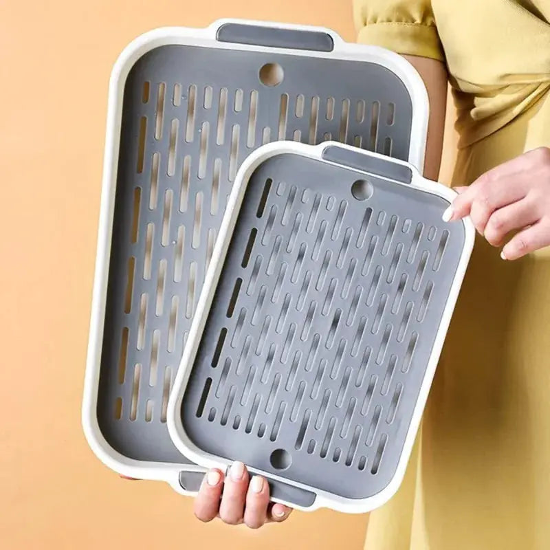 Rabbit litter box set, grey perforated corner trays with white rims, 2 pieces