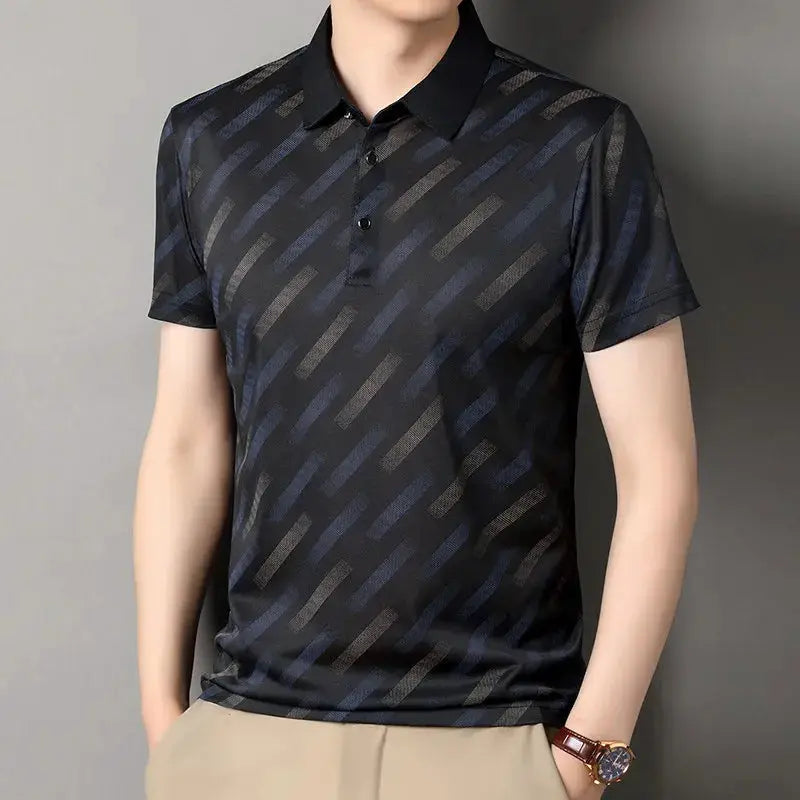 Men's polo shirt, Simples Market, dark navy diagonal striped print, short sleeves, polo collar
