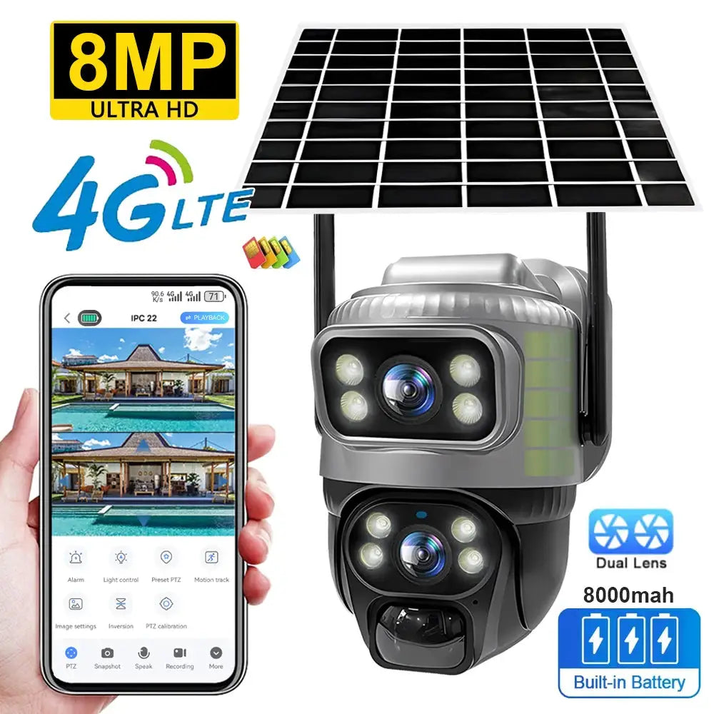 V380 Dual Lens 4G Solar Security Camera With PIR Human Detection Night Vision Waterproof IP CCTV 8MP 4K