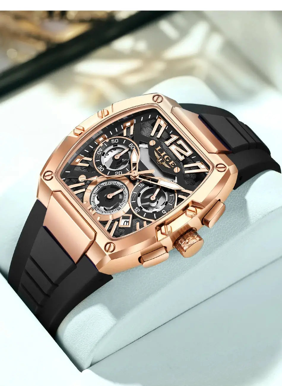 LIGE men's chronograph wristwatch with rose-gold case, black skeleton dial and silicone strap