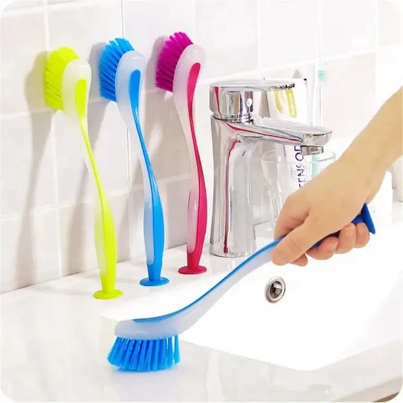 Pot cleaning brushes set with long handles and suction cups; four neon-colored brushes by Simples Market