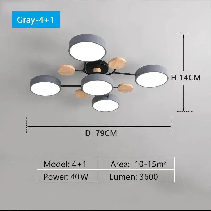Modern gray LED ceiling chandelier with circular white lamp heads and wood accents, 79 cm diameter, 14 cm high