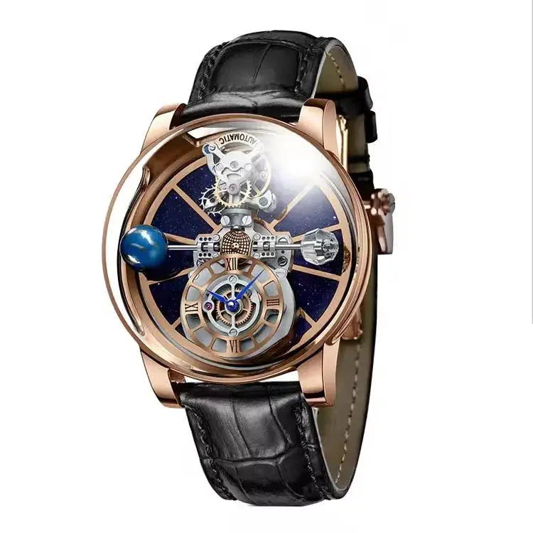 PINDU Design men's wristwatch with transparent skeleton dial, rose gold case, blue planet motif, black leather strap