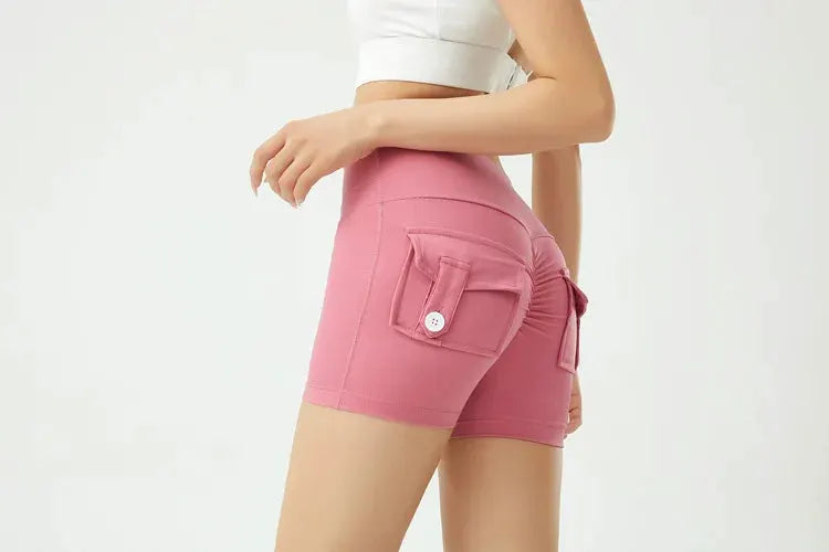 Peach fitness shorts with cargo pocket and button, tight yoga shorts