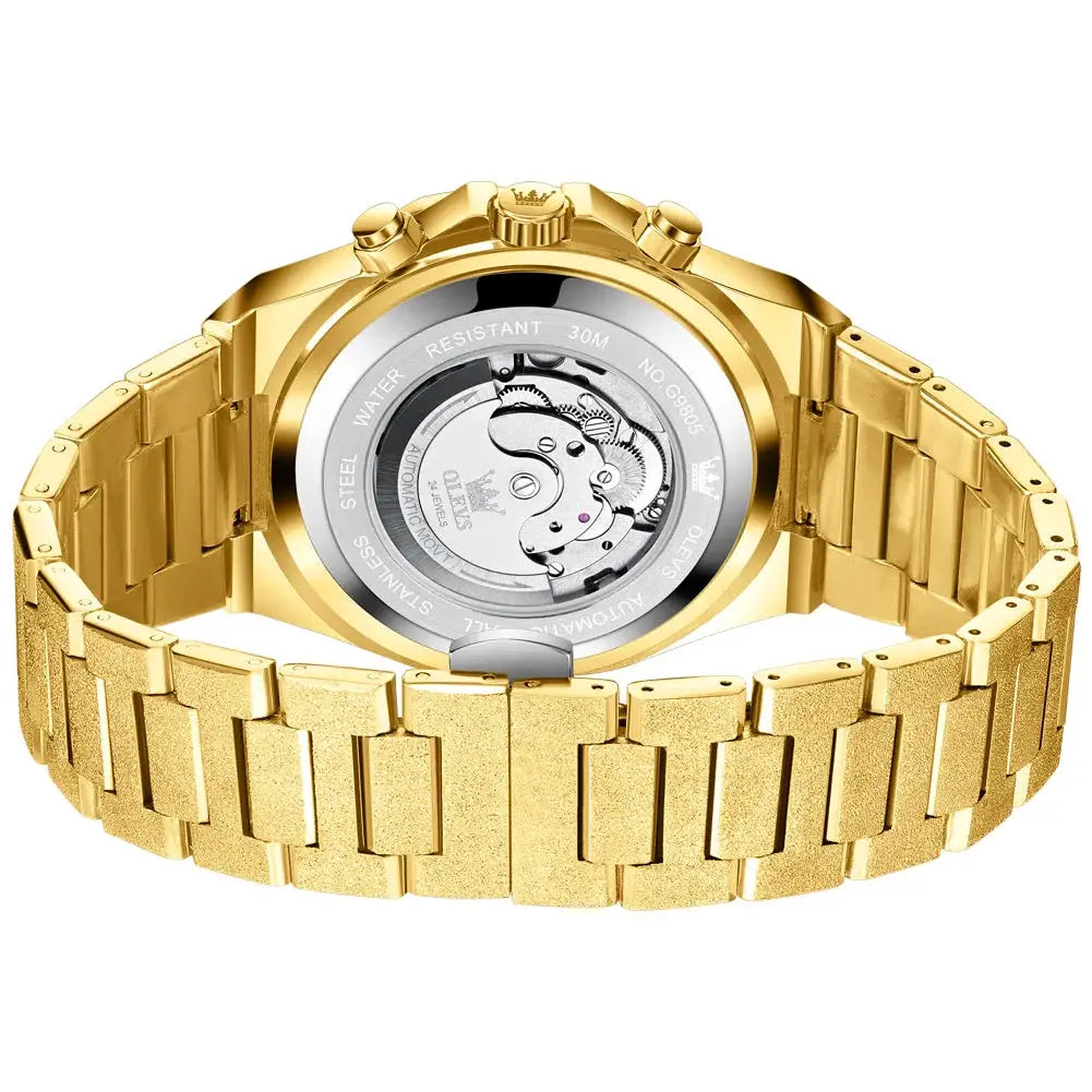 OLEVS gold steel men's watch with exhibition caseback; automatic movement and 30m water resistance.