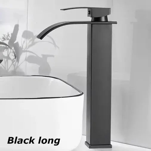 Waterfall wash basin faucet in black stainless steel with curved high-arc spout