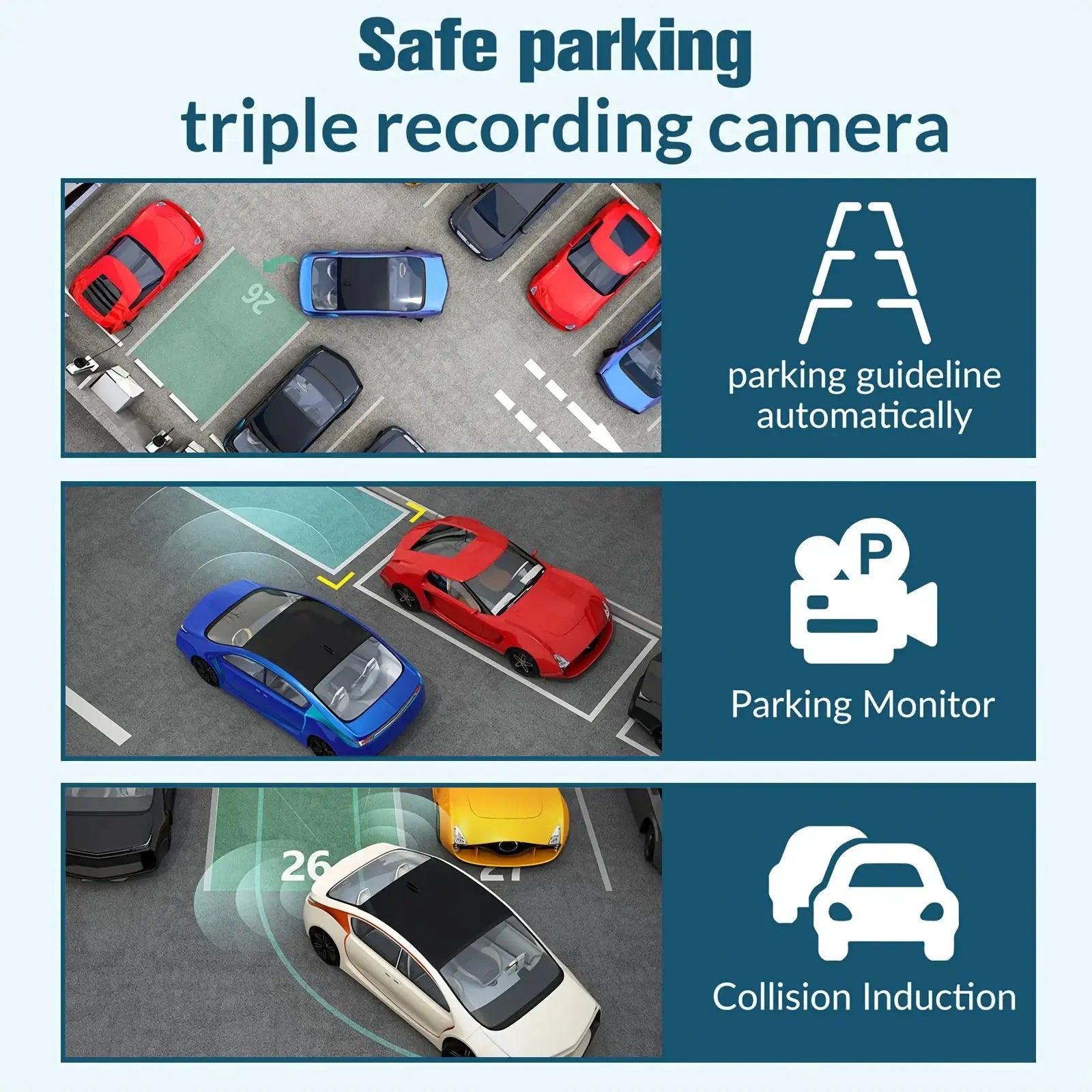 Simples Market 3-Channel Dash Cam for Cars, 1080P DVR with rear-view camera