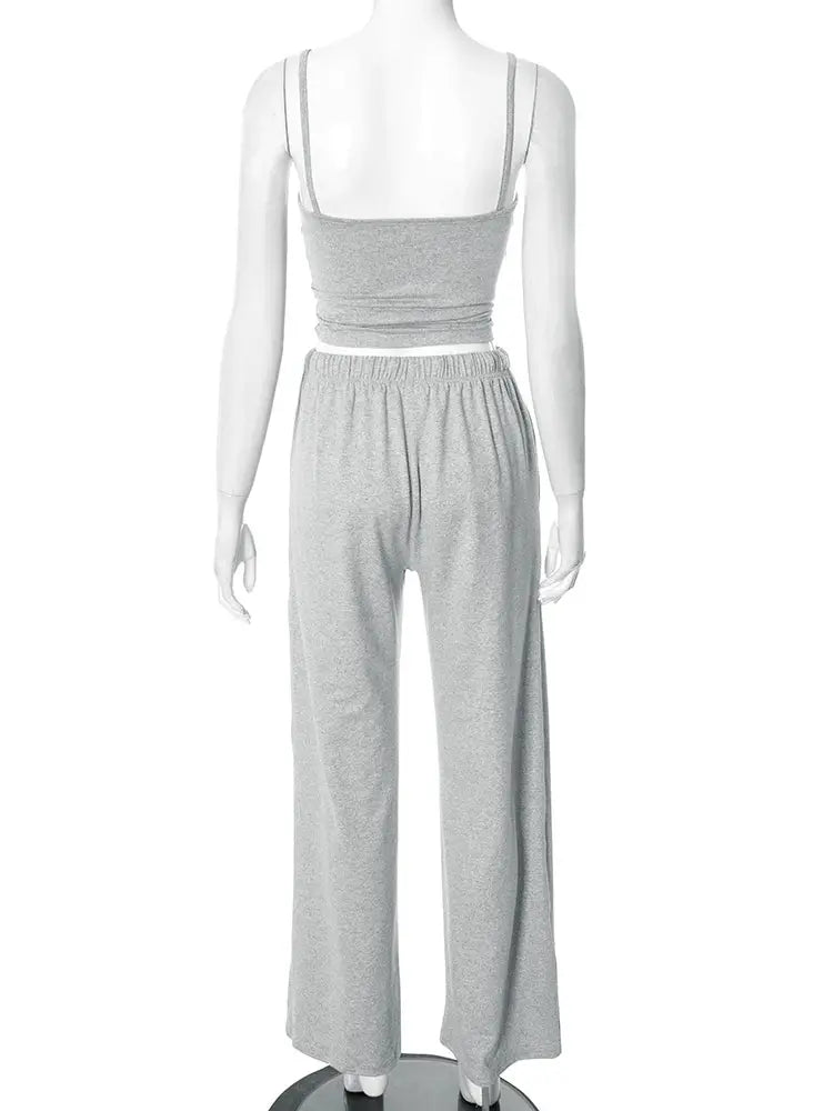Kliou Women Two Piece Set U Neck Backless Camisole Top Pants
