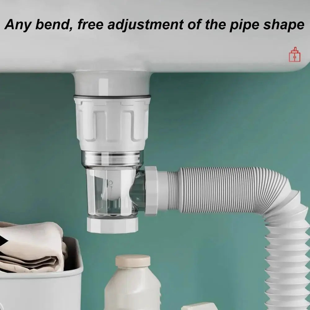 Retractable anti-odor drain pipe filter with flip-top for kitchen sink; flexible downspout.